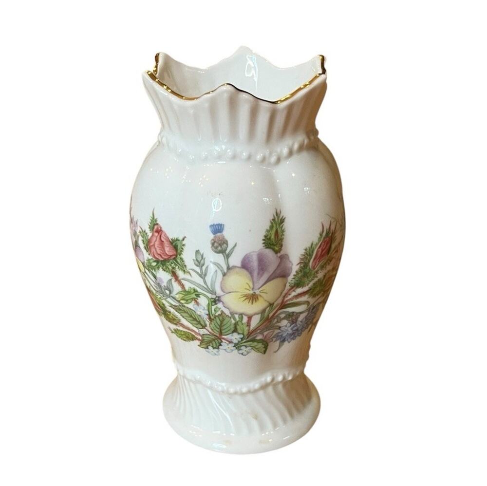 AYNSLEY WILD TUDOR VASE FINE BONE CHINA WINDSOR VASE Floral 4.5” Gold Trim